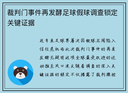裁判门事件再发酵足球假球调查锁定关键证据